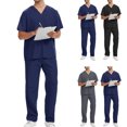 thumbnail image 1 of Homeyce Scrub Set for Men from Traditional Fit V-Neck Top with Natural Rise Drawstring Cargo Pant,Blue S, 1 of 6