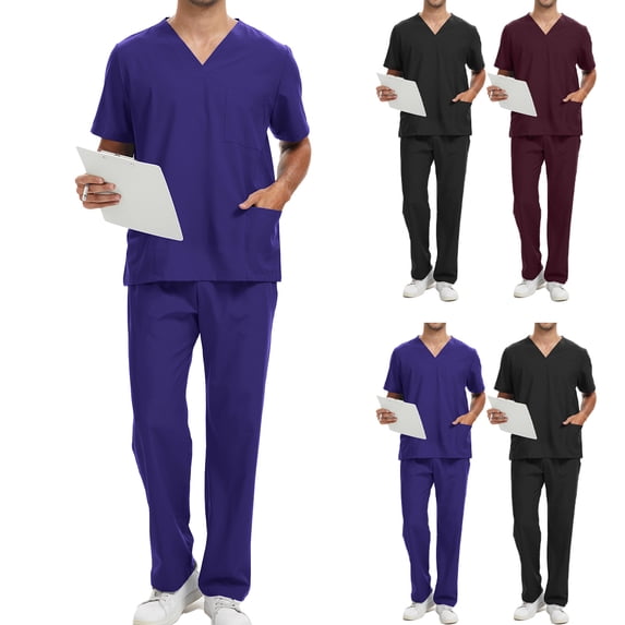 Homeyce Scrubs for Men Pockets V-Neck Scrub Top and Pockets Jogger Pants Mens Scrubs Set,Blue S