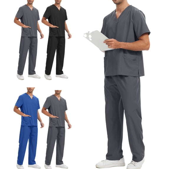 Homeyce Scrubs for Men Set V Neck Top and Scrub Pants Set Stretch Nursing Uniform Casual Workwear Scrubs with Pockets,Gray L