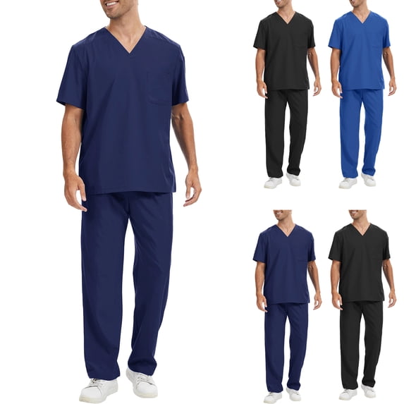 Homeyce Scrubs for Men Stretch V-Neck Scrub Top & Jogger Pant with Pockets Yoga Waistband Anti-Wrinkle Scrubs for Men Set,Blue 2XL