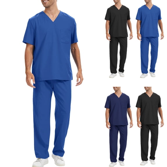Homeyce Scrubs for Men Stretch V-Neck Scrub Top & Jogger Pant with Pockets Yoga Waistband Anti-Wrinkle Scrubs for Men Set,Blue M