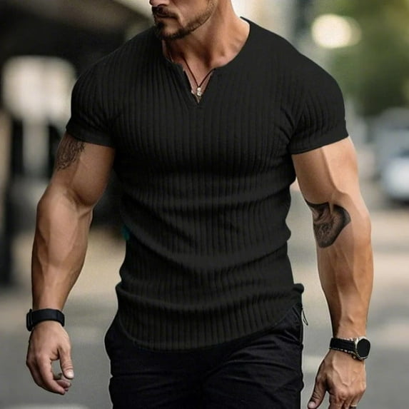 Homeyce Short Sleeve Muscle T Shirt for Men V-Neck Slim Fit Casual Muscle Henley Shirt Ribbed Short Sleeve T-Shirts Solid Color Medium Weight Tee Shirts,Black 2XL