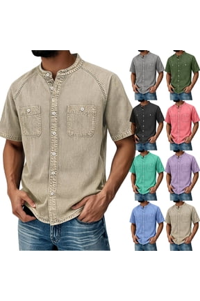 Short Sleeve Polo Shirts for Men Shirts Button Down Denim Shirt Vintage Western Washed Distressed Top,Blue M