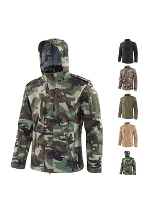 Softshell Jacket for Men Fleece Waterproof Windproof Softshell Hooded Full Zip Softshell Jacket for Outdoor Hiking Fall Winter Warm Outerwear with Pockets,Camouflage L