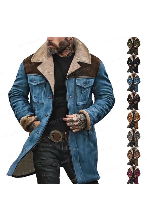 Suede Jacket Men Plush Collar Faux Leather Suede Jacket Zip Up Fall Winter Western Duster Mid Length Coats Casual Retro Fashion Overcoats,Blue 3XL