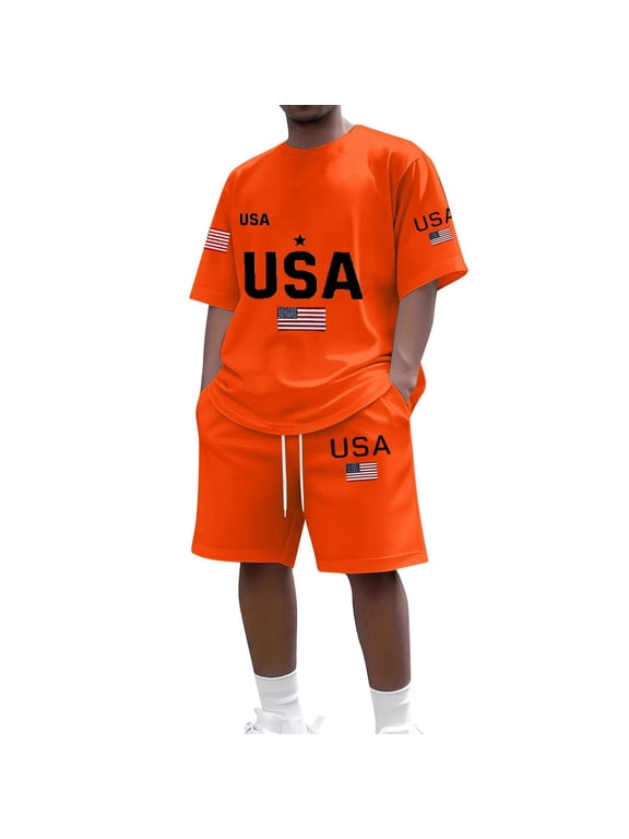 Summer 4th of July Patriotic 2 Piece Short Sets for Men, American Flag Print Loose Fit Crew Neck T-Shirt & Shorts Independence Day Beach Vacation Outfits,Orange L
