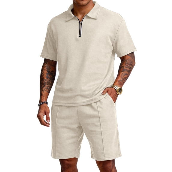 Homeyce Summer Beach Outfits for Men 2 Piece Outfits Short Sleeve 1/4 Zip Casual Polo Shirt and Waffle Knit Shorts Set with Pockets Athletic Jogging Fashion Tracksuit Outfits,Beige L
