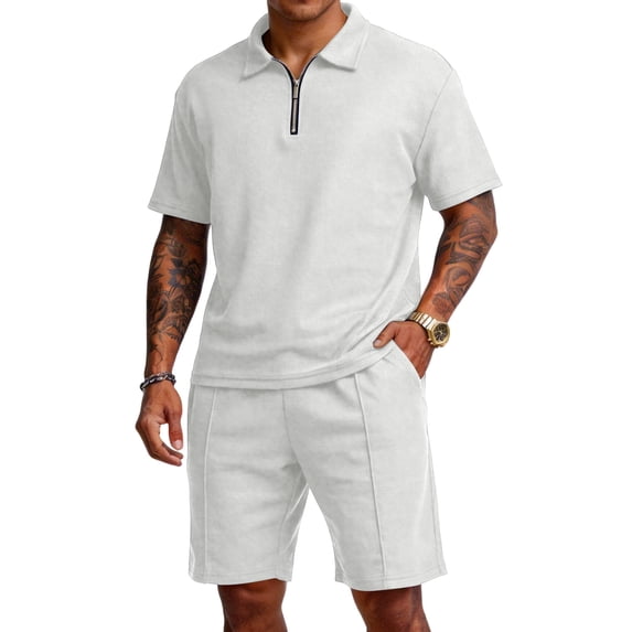 Homeyce Summer Beach Outfits for Men 2 Piece Short Sleeve Quarter Zip Casual Shirts and Waffle Knit Shorts Set with Pockets Athletic Jogging Fashion Set,White S