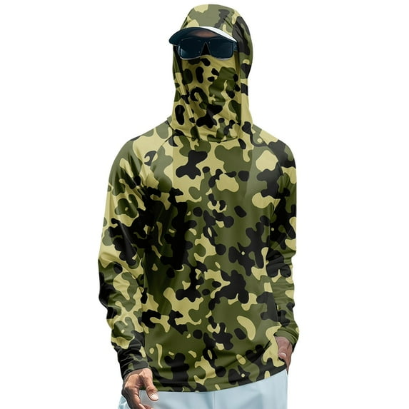 Homeyce Sun Protection Camo Hoodie Shirts for Men with Mask Uv Spf Upf 50+ Rash Guard Sun Shirts Outdoor Hiking Swim Fishing Long Sleeve Cooling Hoodies,Deep Green S