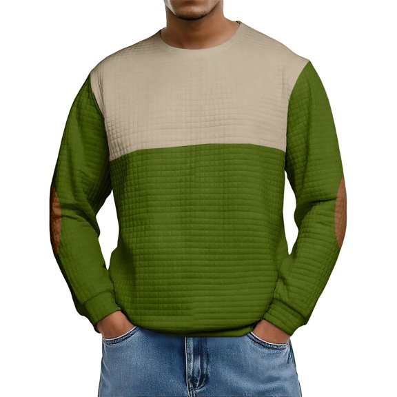Homeyce Sweatshirts for Men Quilted Diamond Textured Crewneck Sweatshirt Long Sleeve Color Block Pullover Casual Fashion Fall Pullover Shirts,Green XL