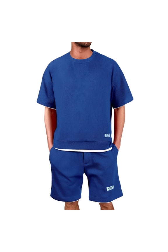 Tracksuit for Men 2 Piece Set Casual Crew Neck Short Sleeve Golf Polo Shirt and Waffle Knit Shorts Set with Pockets Fashion Summer Sweatsuit Outfit,Blue L