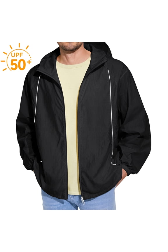 UPF 50+ Sun Protection Hoodie for Men Lightweight Full Zip Windbreaker Jacket with Pocket Uv Fishing Athletic Running Golf Coat Upf 50+ Long Sleeve UV Jacket,Black 3XL