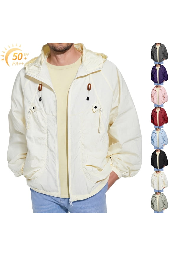UPF 50+ Sun Protection Hoodie for Men Lightweight Zip Up Waterproof Jacket with Pocket Outdoor Loose Running Fishing Camping Coats Sun Protection Long Sleeve UV Jacket,Beige XL