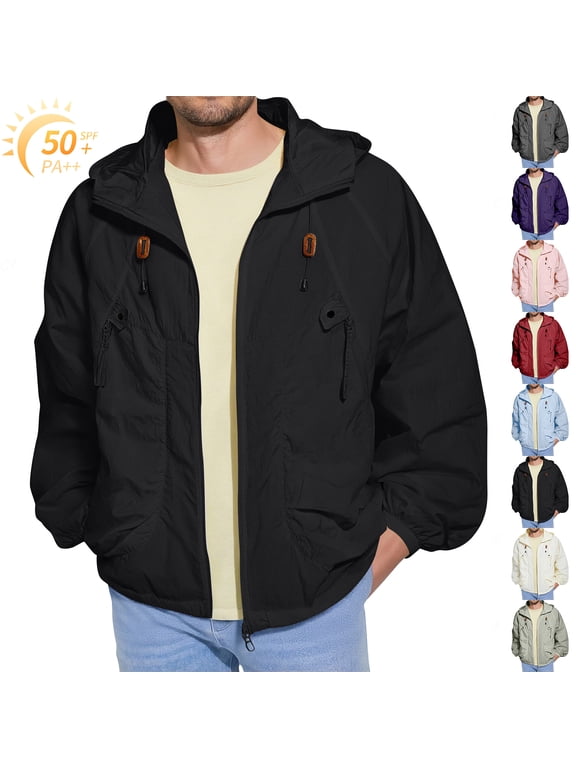 UPF 50+ Sun Protection Hoodie for Men Lightweight Zip Up Waterproof Jacket with Pocket Outdoor Loose Running Fishing Camping Golf Coat Sun Protection Long Sleeve UV Jacket,Black M