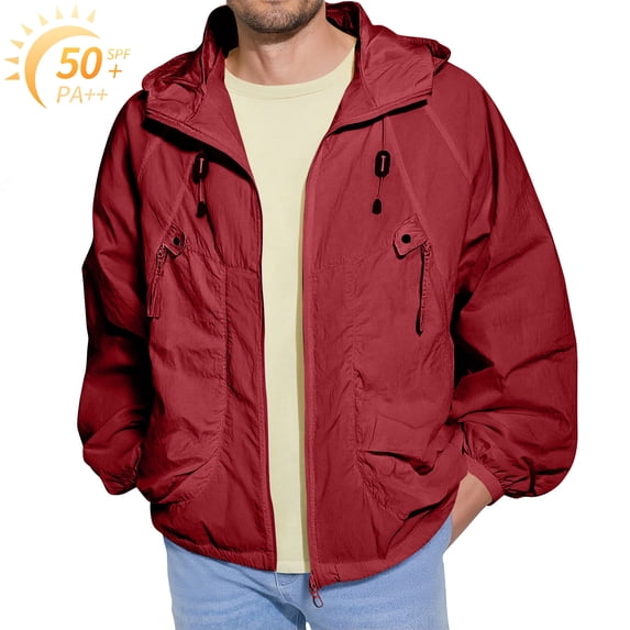 Homeyce UPF 50+ Sun Protection Hoodie for Men Lightweight Zip Up Waterproof Jackets with Pocket Uv Fishing Athletic Running Coats Sun Protection Long Sleeve Sun Shirts,Red M