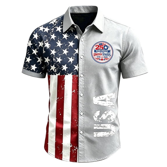 Homeyce United States 250th Anniversary Shirt for Men 4th Of July American Flag Printed Hawaiian Shirts Short Sleeve Button Down Patriotic Shirt for Memorial Day Independence Day Casual Tee,Gray 4XL