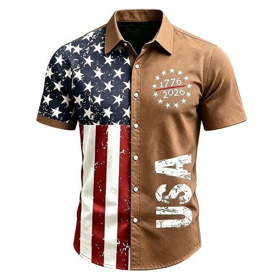 Homeyce United States 250th Anniversary Shirt for Men 4th Of July American Flag Printed Hawaiian Shirts Short Sleeve Button Down Patriotic Tops USA Independence Celebration Casual Tee,Brown L