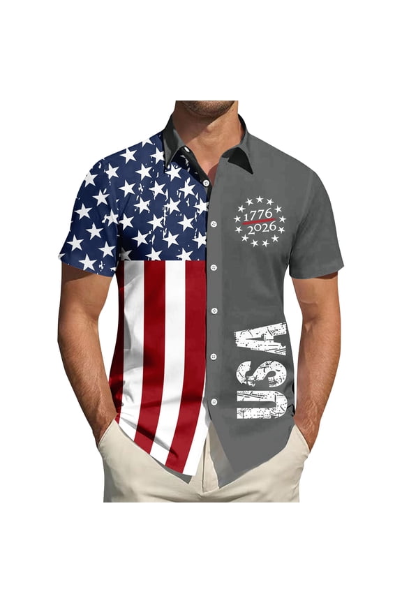 United States 250th Anniversary Shirt for Men 4th Of July American Flag Printed Shirts Short Sleeve Button Down Patriotic Tops for Memorial Day Independence Day Holiday Shirts,Gray 3XL