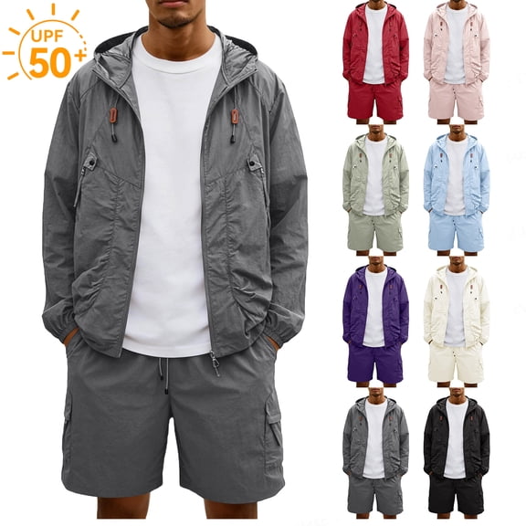 Homeyce Upf 50+ Long Sleeve Jacket Men Long Sleeve Zipper Jacket and Cargo Shorts Uv Sun Protection Windbreaker Lightweight Quick Dry Summer Hiking Outfit,Gray 2XL