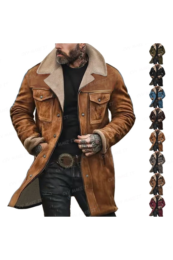 Western Cowboy Vintage Suede Jacket for Men Fall Winter Western Duster Long Jackets Faux Leather Plush Collar Coats Zip Up Lightweight Casual Stylish Overcoats,Yellow 2XL