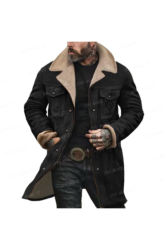 Western Cowboy Vintage Suede Jacket for Men Plush Collar Faux Leather Long Jackets Zip Up Vintage Western Cowboy Long Coat Casual Stylish Fashion Tops,Black XL