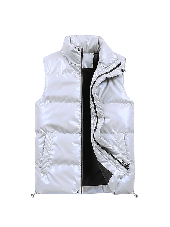 White Puffer Vest for Men Stand Collar Quilted Down Vest Zip Up Sleeveless Lightweight Down Jacket with Pockets Winter Padded Casual Coat for Golf Running Outdoor,White XL