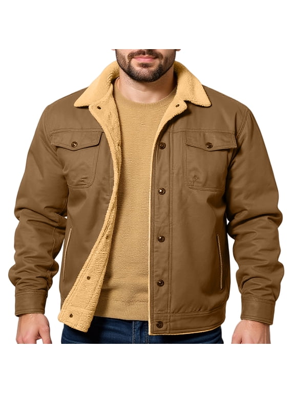 Winter Jacket for Men Sherpa Lined Fleece Lined Lapel Coat Button Down Long Sleeve Heavyweight Thick Sweat Jackets with Multi Pockets Winter Casual Thermal Softshell,Brown L