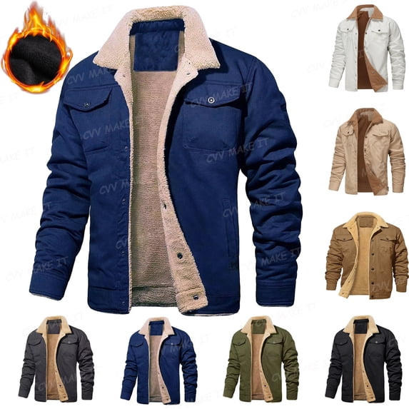 Homeyce Winter Jackets for Men Sherpa Lined Fleece Lapel Coat Button Down Long Sleeve Heavy Weight Thick Shirts Jackets with Pockets Fuzzy Winter Warm Softshell,Blue XL