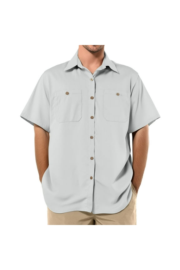 Work Shirts for Men Short Sleeve Button Up Shirt Business Casual Hawaiian Shirts with Two Pockets Solid Color Shirts,Gray 2XL