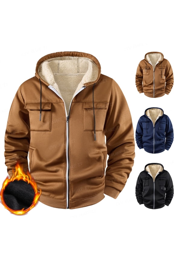 Zip Up Hoodie Men Fleece Lining Sherpa Thick Trucker Heavyweight Jackets Coat with Hooed Long Sleeve Windproof Sweatshirt Hoodies with Multi Pockets Winter Warm Causal Softshell,Brown XL