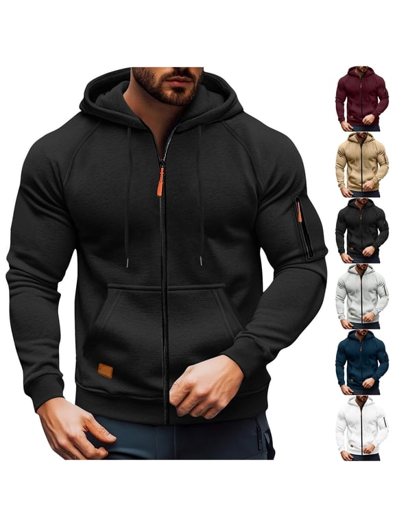 mens zip up hoodie Full Zip Long Sleeve Workout Athletic Sweatshirts Casual Lightweight Outdoor Tactical Cargo Hoodie Fall Winter Drawstring Zip Up Sports Jackets,Black L