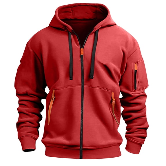 Homeyce mens zip up hoodie Full Zip Long Sleeve Workout Athletic Sweatshirts Casual Lightweight Outdoor Tactical Cargo Hoodie Fall Winter Drawstring Zip Up Sports Jackets,Red XL