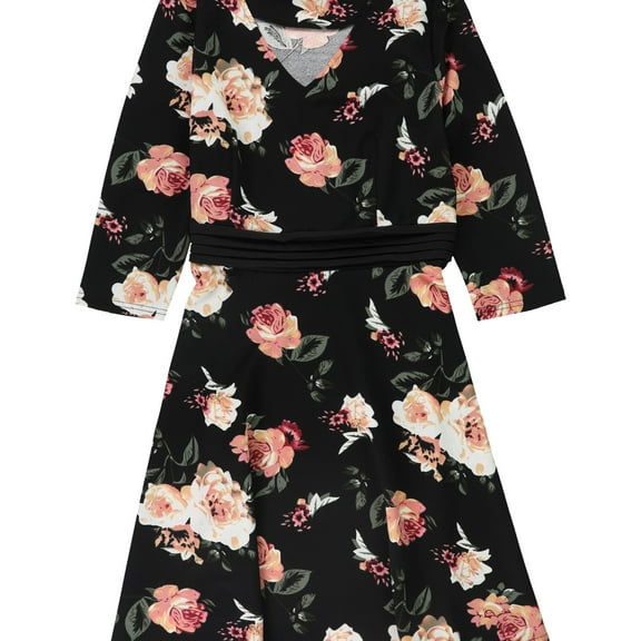 Homeyee Womens V-Neck Floral Print A-line Dress, Black, 10