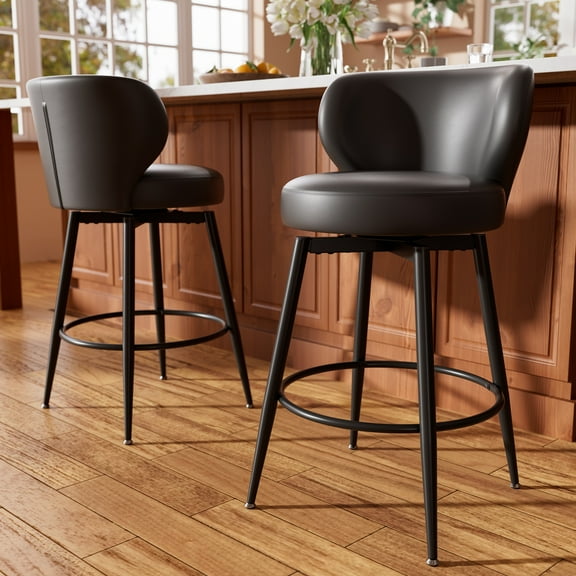 Homezeer 26" Bar Stools Set of 2, Low Back Counter Height Bar Stools with Round Seat, PU Leather Swivel Bar Chair for Kitchen, Black