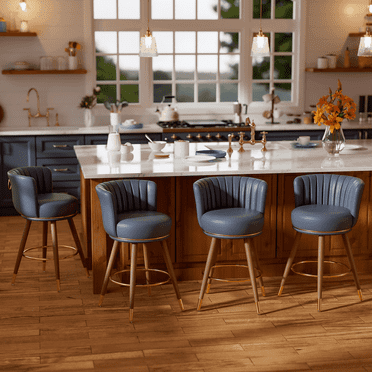 Homezeer 24" Bar Stools Set of 4, Low Back Counter Height Bar Stools with Round Seat, PU Leather Swivel Bar Chair for Kitchen, Blue