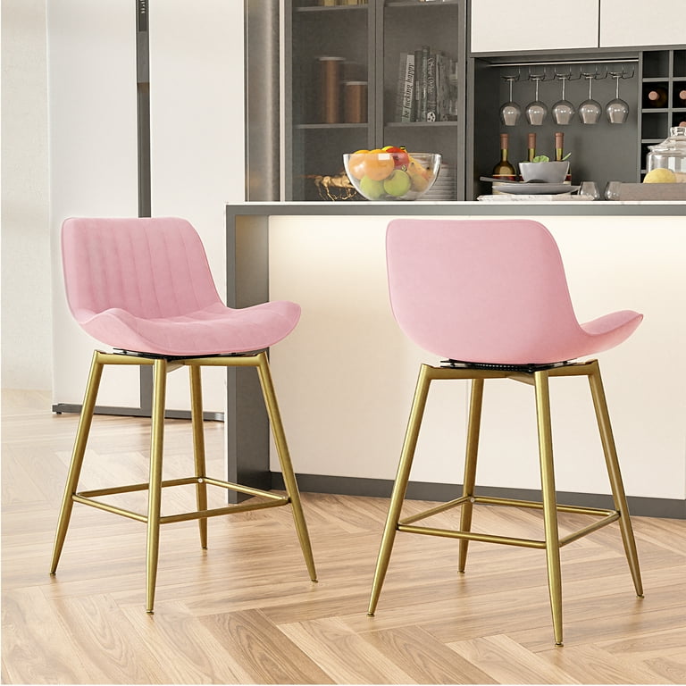 Homezeer 24 Counter Height Bar Stools Set 2 Gold Metal Legs Velvet Upholstery Kitchen Stools Pink