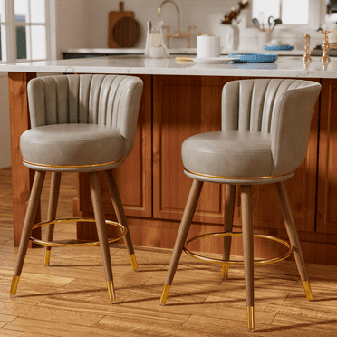 Homezeer 26" Bar Stools Set of 2, Low Back Counter Height Bar Stools with Round Seat, PU Leather Swivel Bar Chair for Kitchen, Grey
