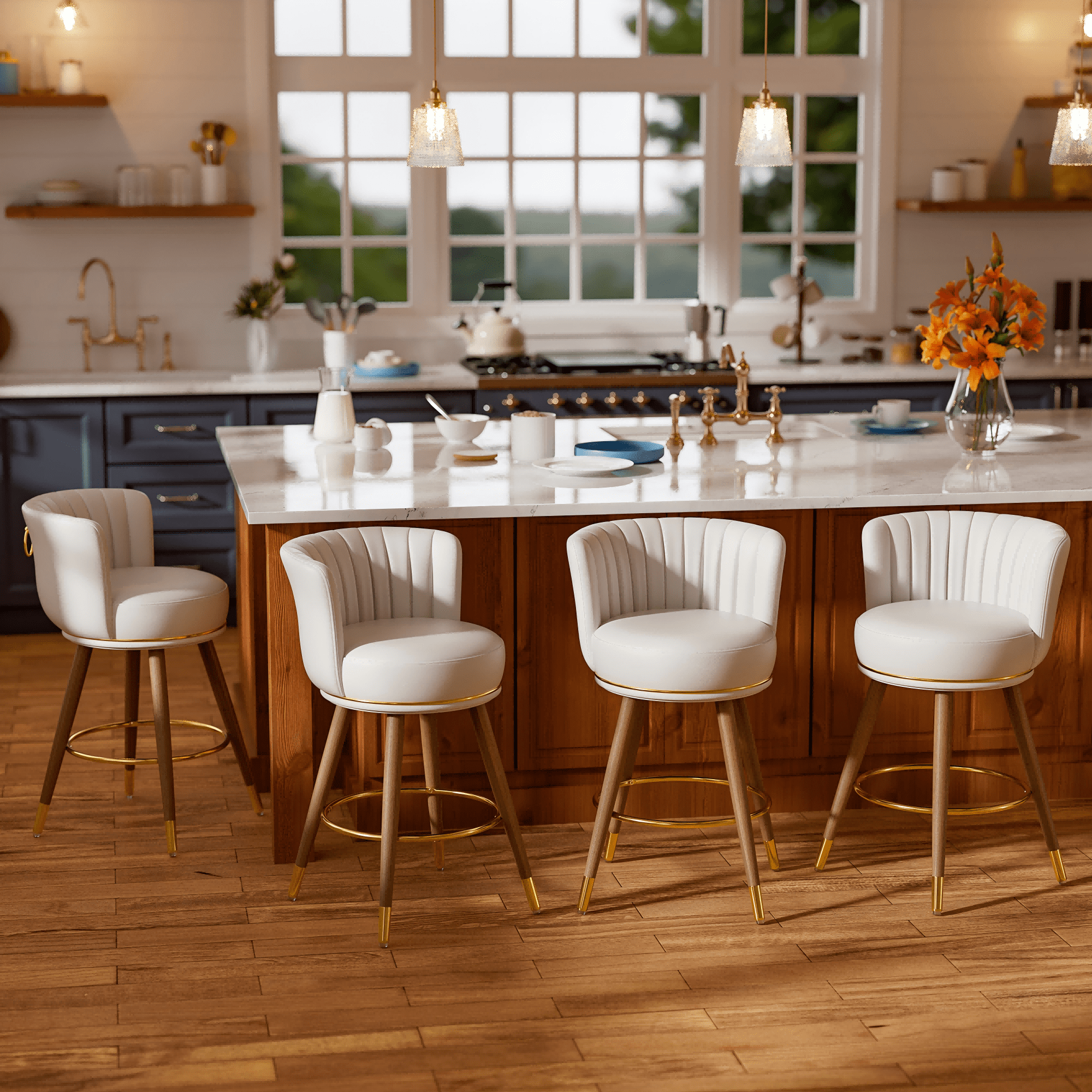 HomeZeer 26" Counter Height Bar Stools, Furniture Round Low Back Pedestal Bar Stool, PU Leather Swivel Bar Chair for Kitchen,White (Set of 4)