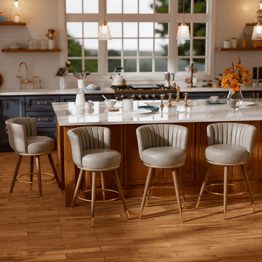 Homezeer 26" Bar Stools Set of 4, Low Back Counter Height Bar Stools with Round Seat, PU Leather Swivel Bar Chair for Kitchen, Grey