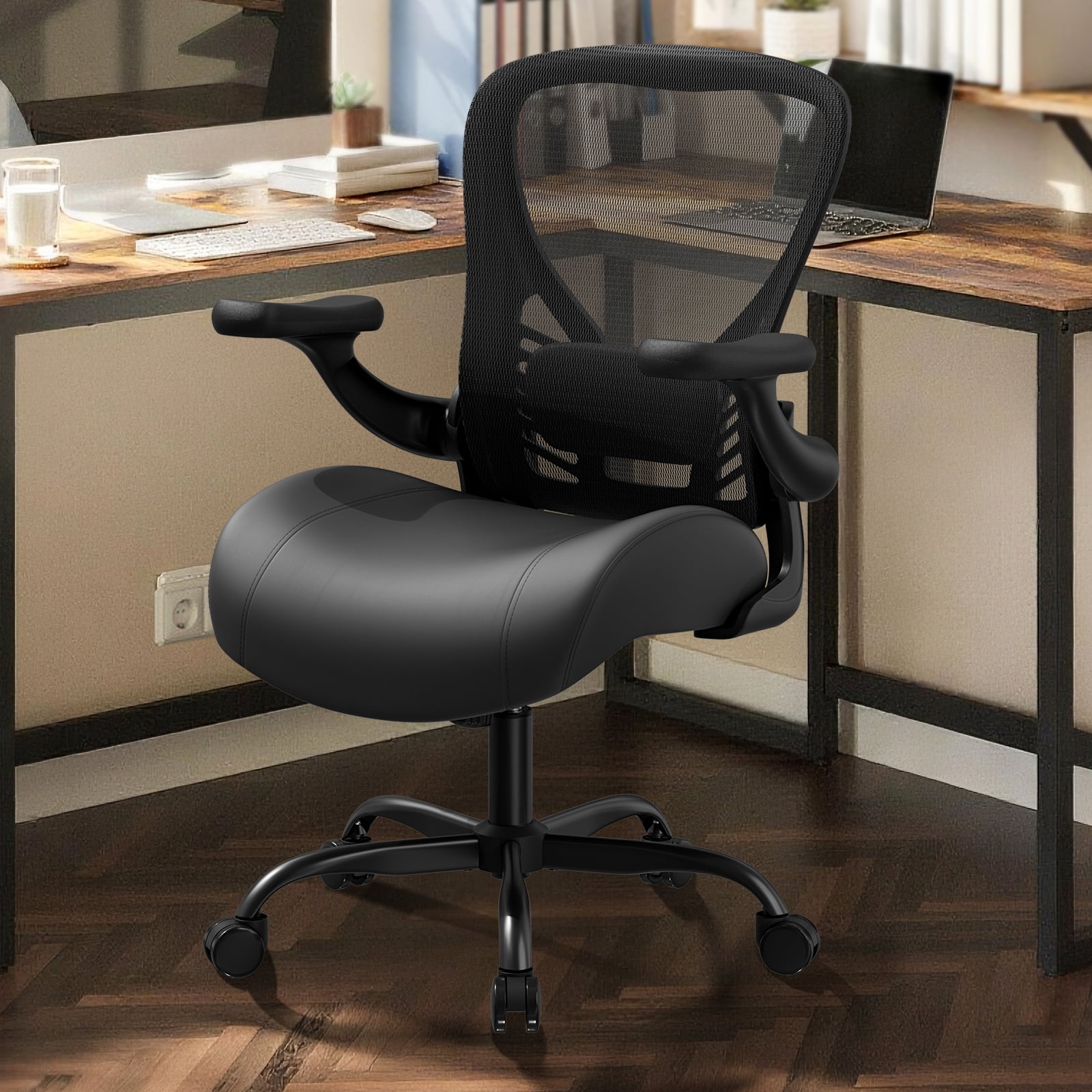 HomeZeer Office Desk Chair, 350LBS Breathable Technical Mesh Back & Molded Leather Seat, 3D Flip-Up Arms, Adjustable Lumbar Support & Height, Swivel Wheels for Home Office, Black