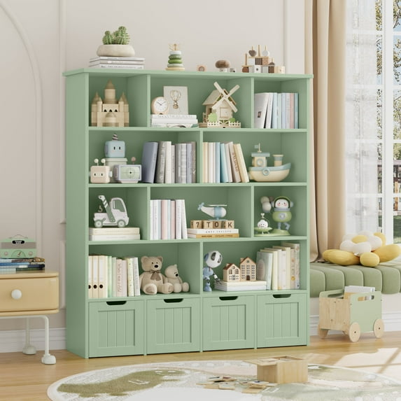 Homfa 10 Cube Toy Storage Organizer, 57.5" Tall Bookcase with 4 Removable Drawers,Bookshelf for Kids Room Living Room, Green