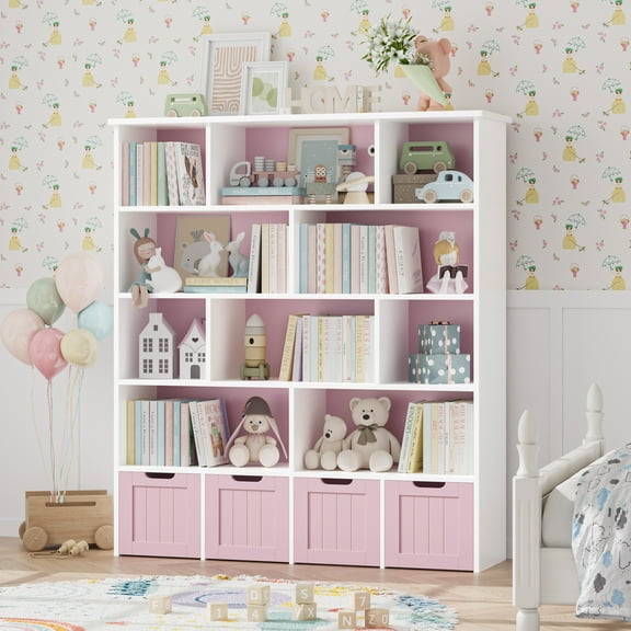 Homfa 10 Cube Toy Storage Organizer, 57.5" Tall Bookcase with 4 Removable Drawers,Bookshelf for Kids Room Living Room, Pink