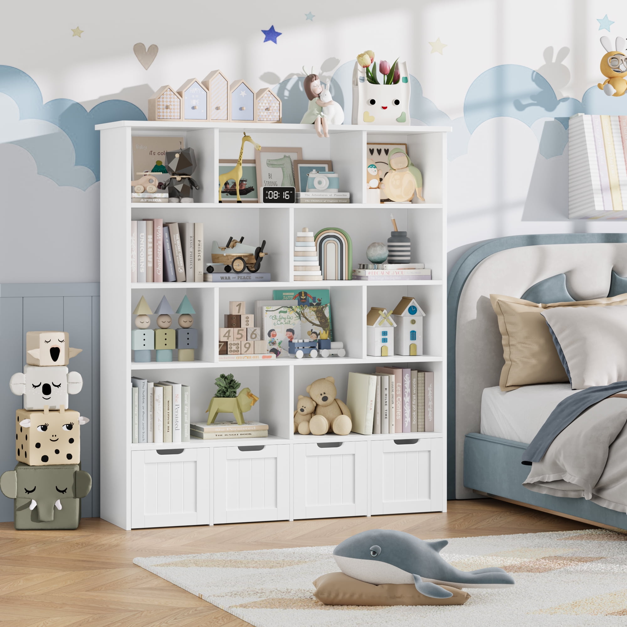 Homfa 10 Cube Toy Storage Organizer, 57.5" Tall Bookcase with 4 Removable Drawers,Bookshelf for Kids Room Living Room, White