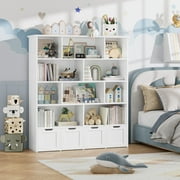 Homfa 10 Cube Toy Storage Organizer, 57.5 Tall Bookcase with 4 Removable Drawers,Bookshelf for Kids Room Living Room, White