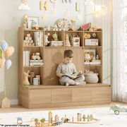 Homfa 10 Cubes Kids Toy Storage Organizer, 4 Drawers Kids Bookcase and Bookshelf with Doors & Adjustable Shelves for Playroom Kids Room, Natural Color