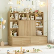 Homfa 10 Cubes Kids Toy Storage Organizer, 4 Drawers Kids Bookcase and Bookshelf with Doors & Adjustable Shelves for Playroom Kids Room, Natural Color