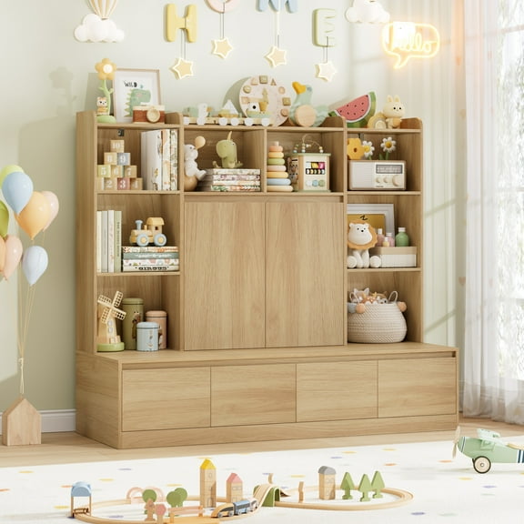 Homfa 10 Cubes Kids Toy Storage Organizer, 4 Drawers Kids Bookcase and Bookshelf with Doors & Adjustable Shelves for Playroom Kids Room, Natural Color