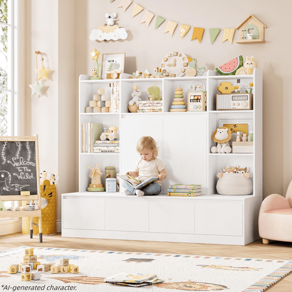 Homfa 10 Cubes Kids Toy Storage Organizer, 4 Drawers Kids Bookcase and Bookshelf with Doors & Adjustable Shelves for Playroom Kids Room, White
