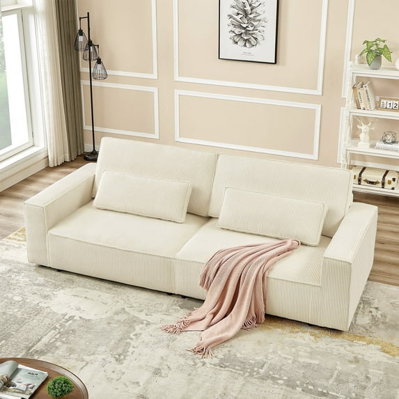 Homfa 105.5" Modern Corduroy Sofa,4 Seater Sofa with Extra Deep Seats,Upholstered Sleeper Couch for Living Room,lounge,Office,White