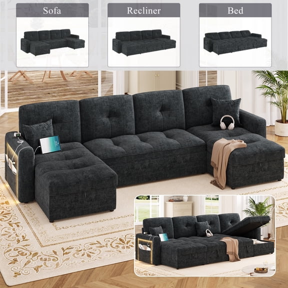 Homfa 107" Sleeper Sofa Bed with Pull Out Couch, Adjustable Backrest Convertible Sofa Bed with Storage Chaise Couch & USB Port, 6 Seat U Shape Sofa Couch with Chaise for Living Room Apartment